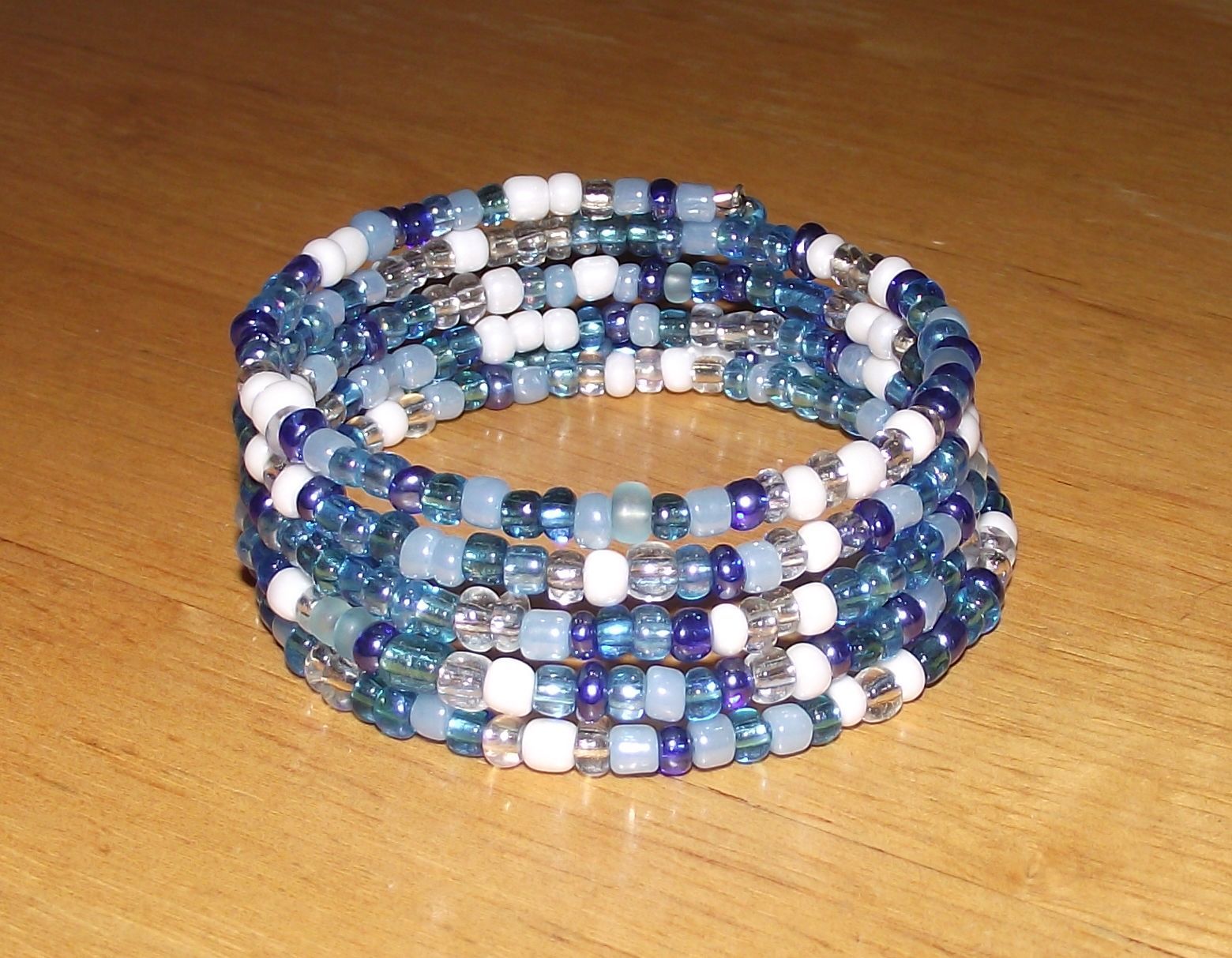Mix of Blues White & Crystal Beaded Wrap / Coil Bracelet USA Made – Glass Beads