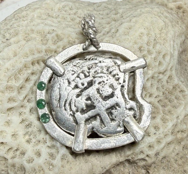 Authentic Spanish-Colonial 2-Reales Silver Shipwreck Cob Coin in Emerald Bezel