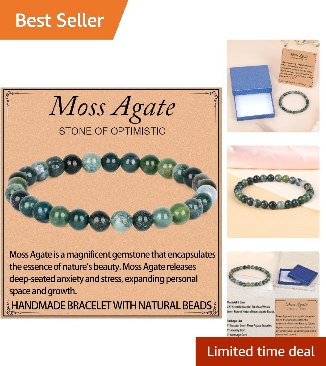 Handmade Moss Agate Healing Bracelet – 6mm Gemstone Beads – Perfect Gift