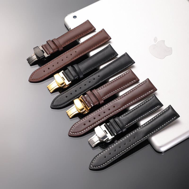 Retro Leather 14mm-24mm Wrist Watch Band Strap Butterfly Buckle Deployment Clasp