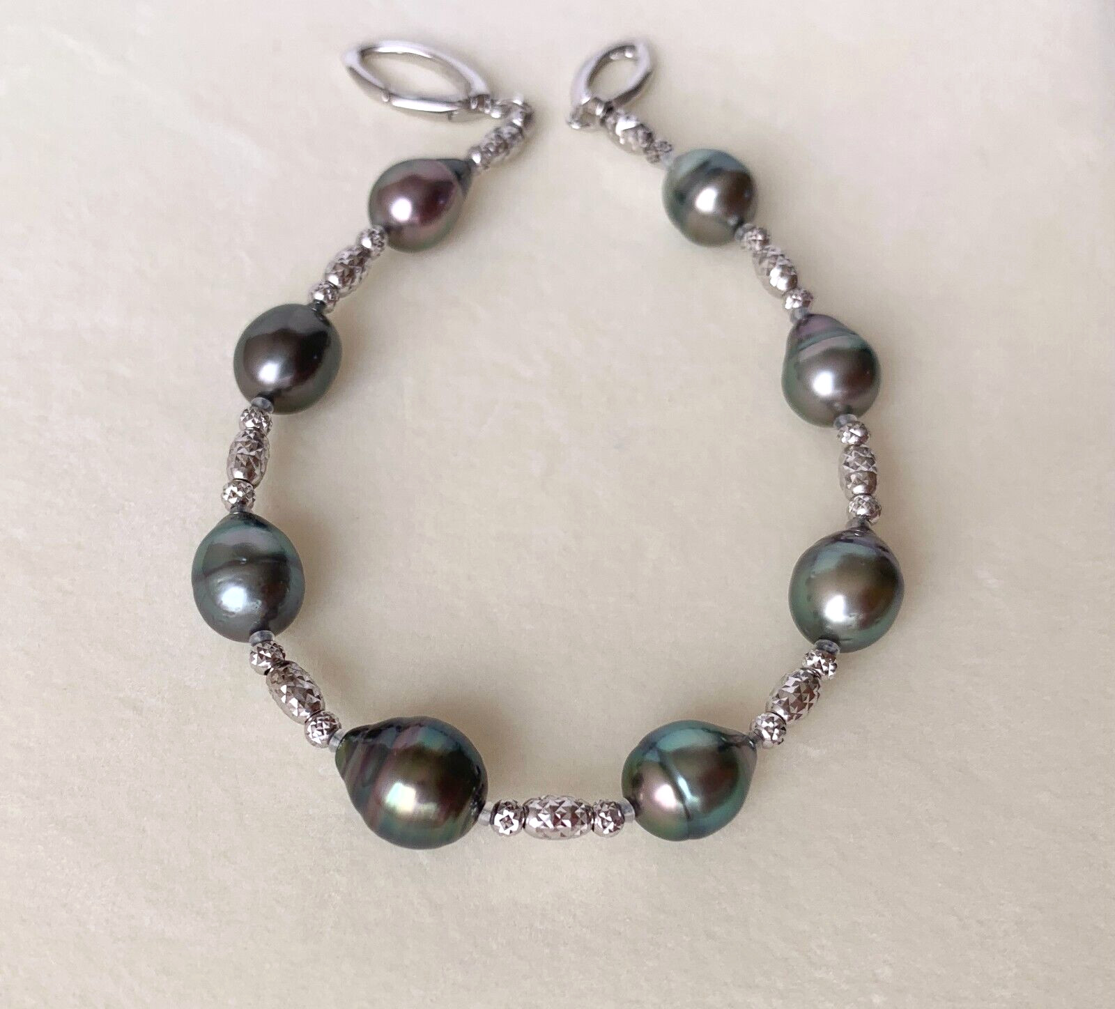 7-9mm Black Green Baroque Tahitian cultured pearl Bracelet sterling sliver,7.6″