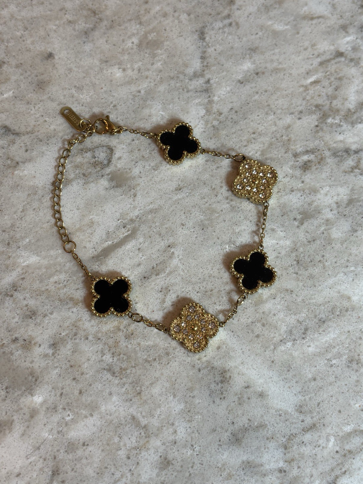 Gold Tone Black Clover Dangle Charm Cable Chain Bracelet, Adjustable Lobster