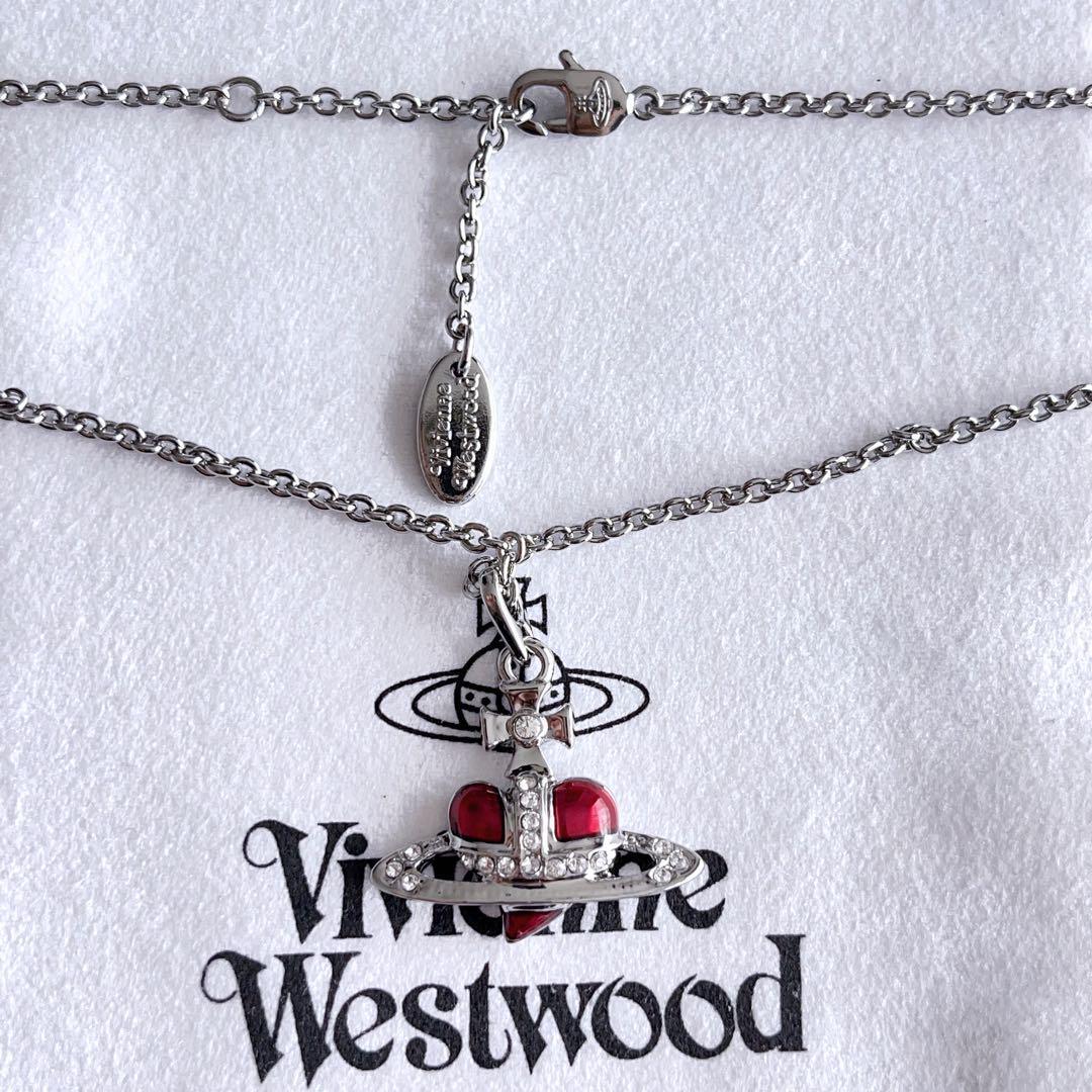 Vivienne Westwood Diamante Heart Necklace Earrings Set Red Silver NO BOX [EJ5009