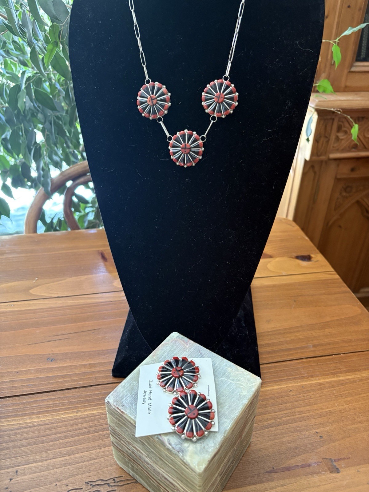 Zuni Necklace Set w Earrings in Jet and Coral-23″ Signed WCN – Sterling Silver