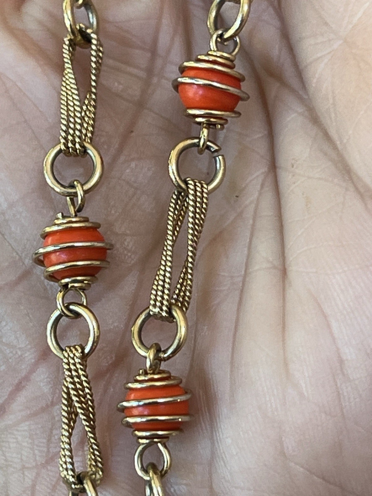 Vintage Gold Tone Orange Bead Necklace Mod Mid Century Wire Wrapped Retro 18”