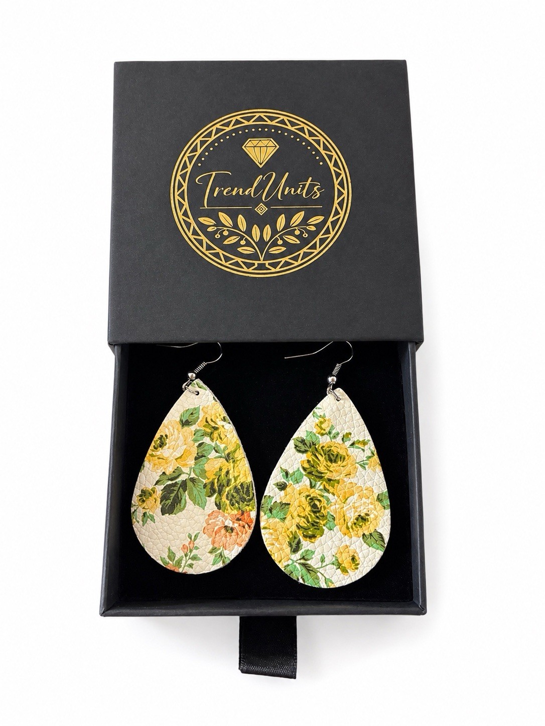 Floral Teardrop Faux Leather Earrings Yellow Rose Print Gift Box Included