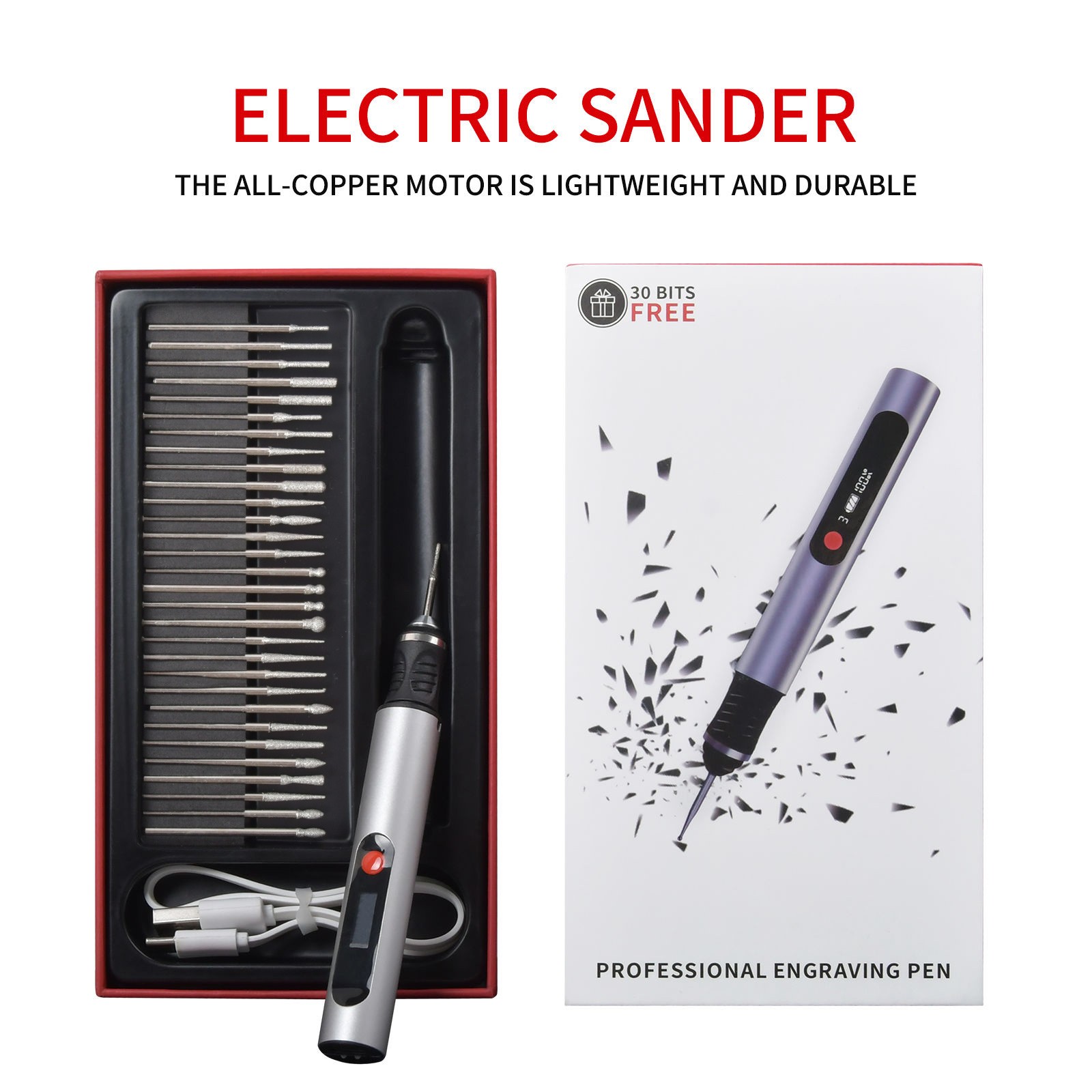 USB Rechargeable Engraving Pen with 30x Bits Mini Electric DIY Engraver Cordless