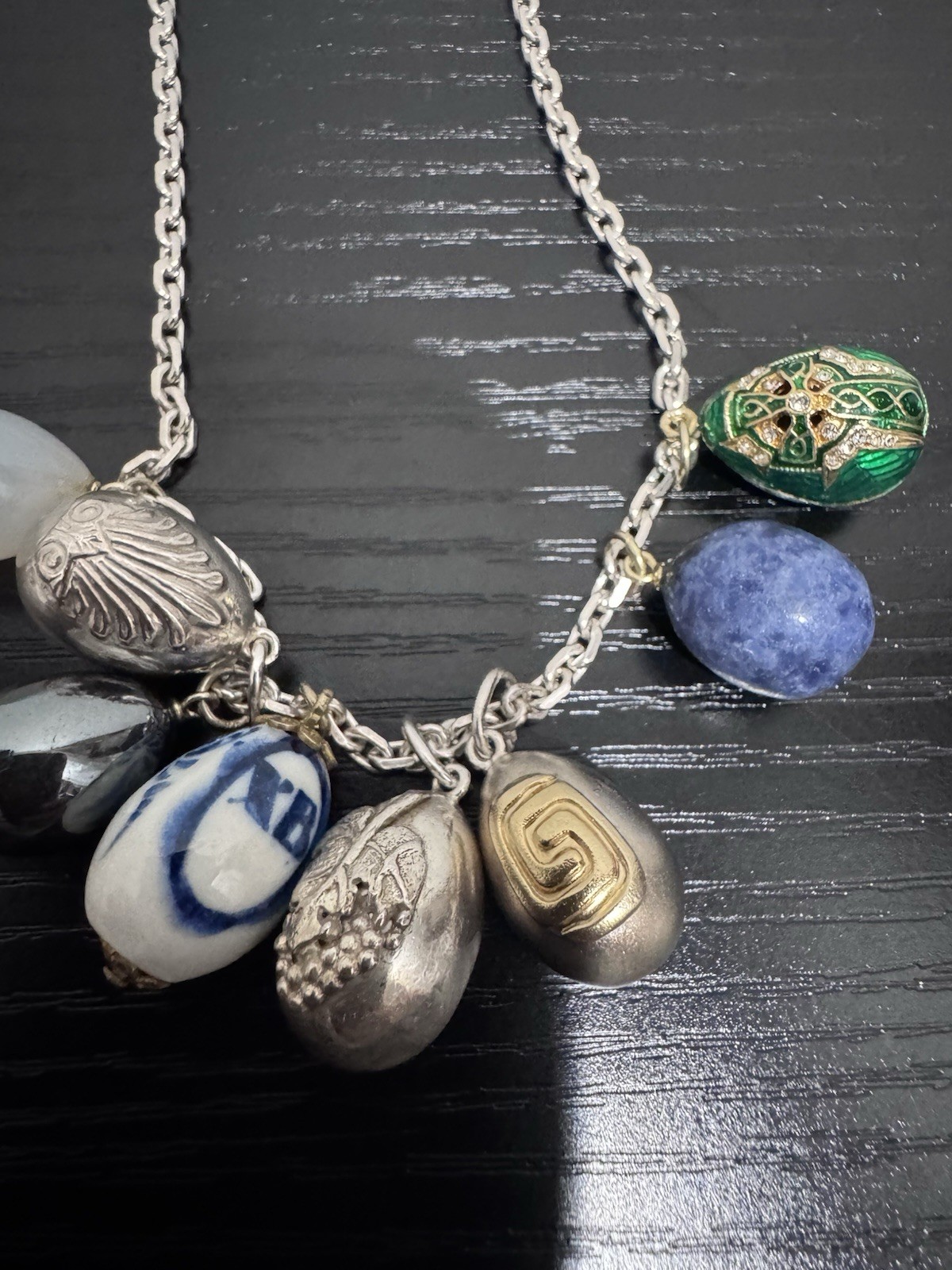 Vintage Soviet Russian Sterling Silver Vermeil Enamel Porcelain Egg Pendant 24”
