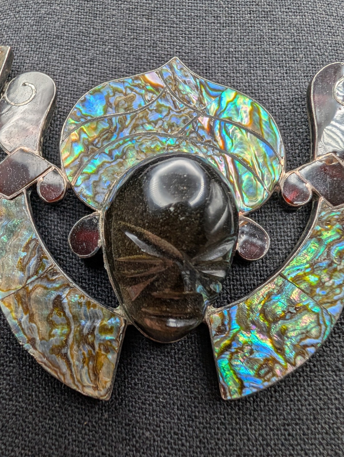 Vtg Statement Piece 925 Mexico Sheen Obsidian Tortoise & Abalone Shell
