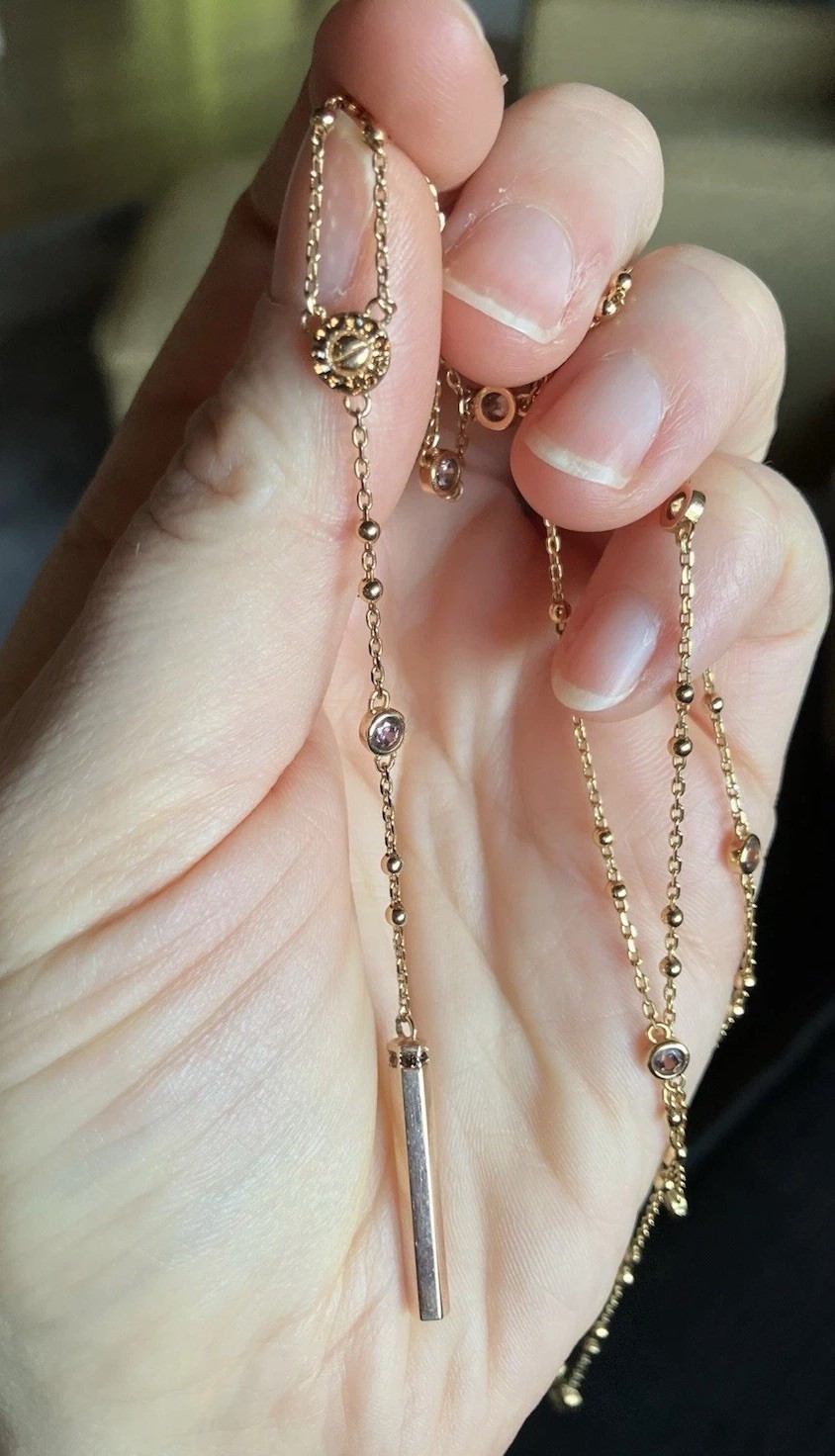 Henri Bendel Necklace Dainty Gold Toned 17inch Chain Pink Rhinestones Signed