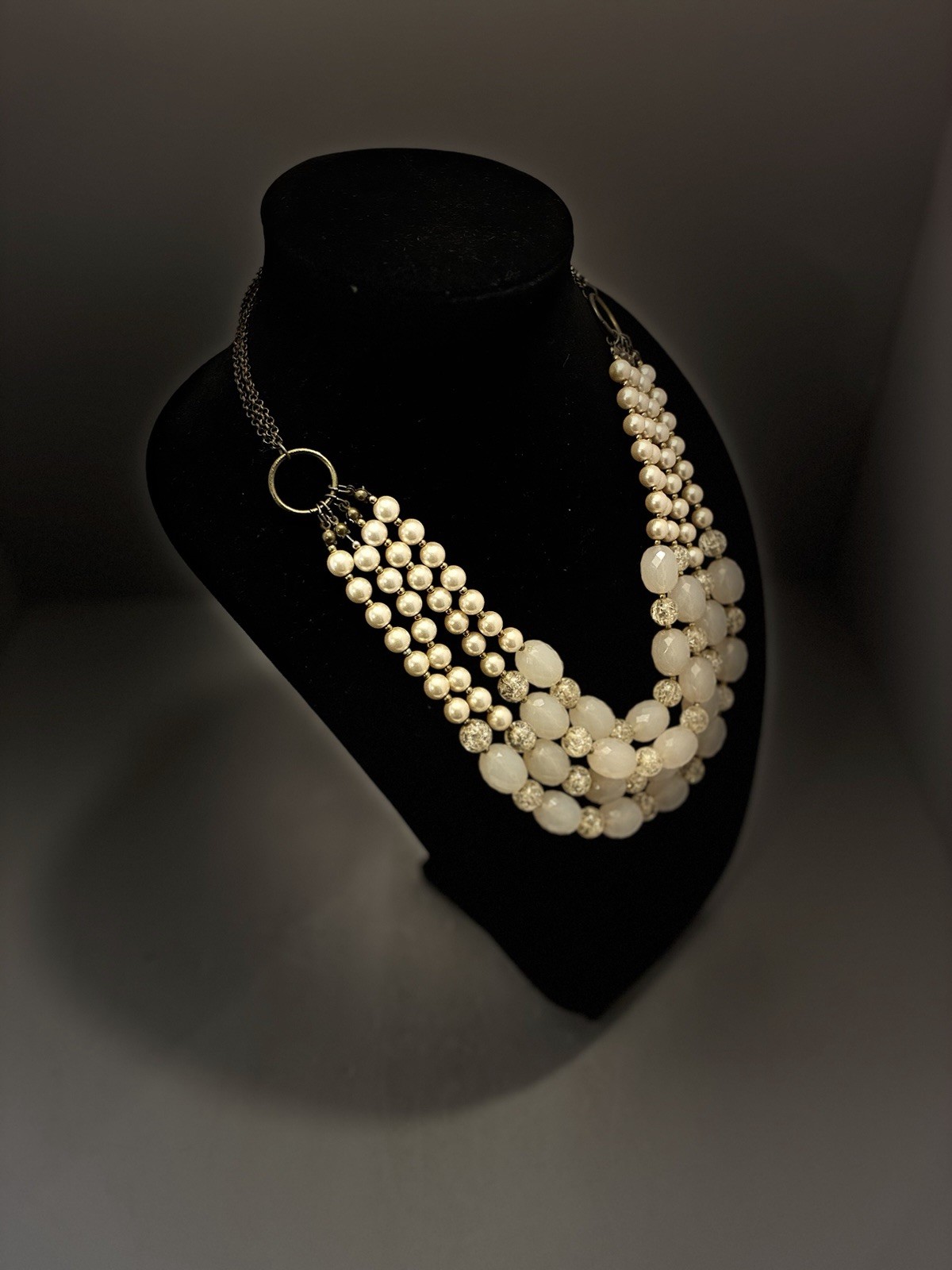 Chunky Multi Strand Statement Necklace Pink Faux Pearl Acrylic Bead Bib Bronze
