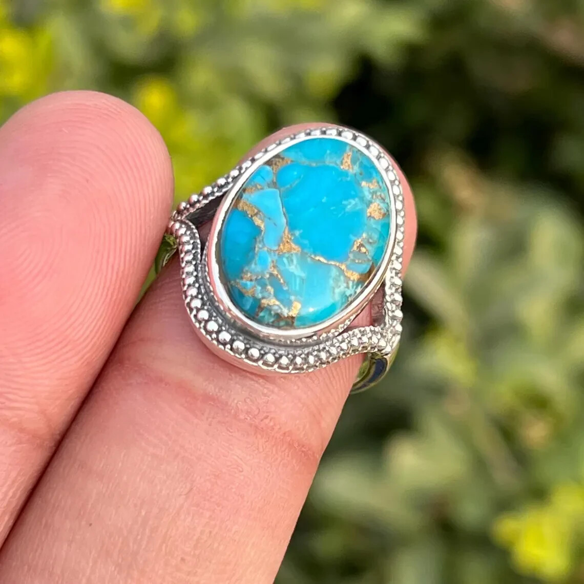 Blue Copper Turquoise Eye Shape Ring-925 Sterling Silver Split Shank Ring Gift