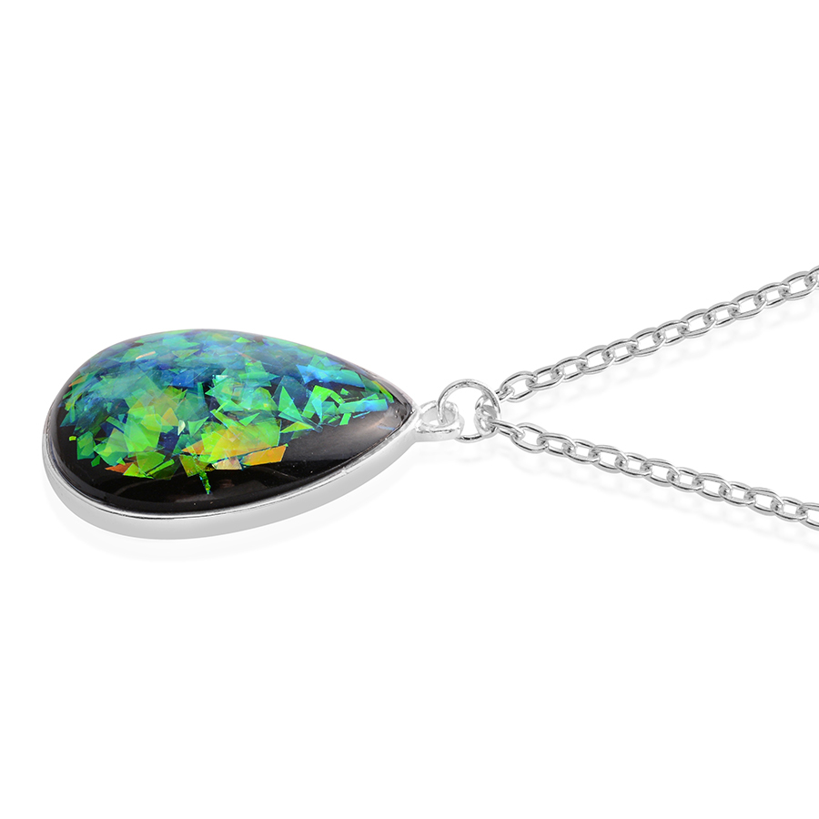 Designer Inspired Black Multi-Color Lucite Silvertone Pendant Necklace 18-20″