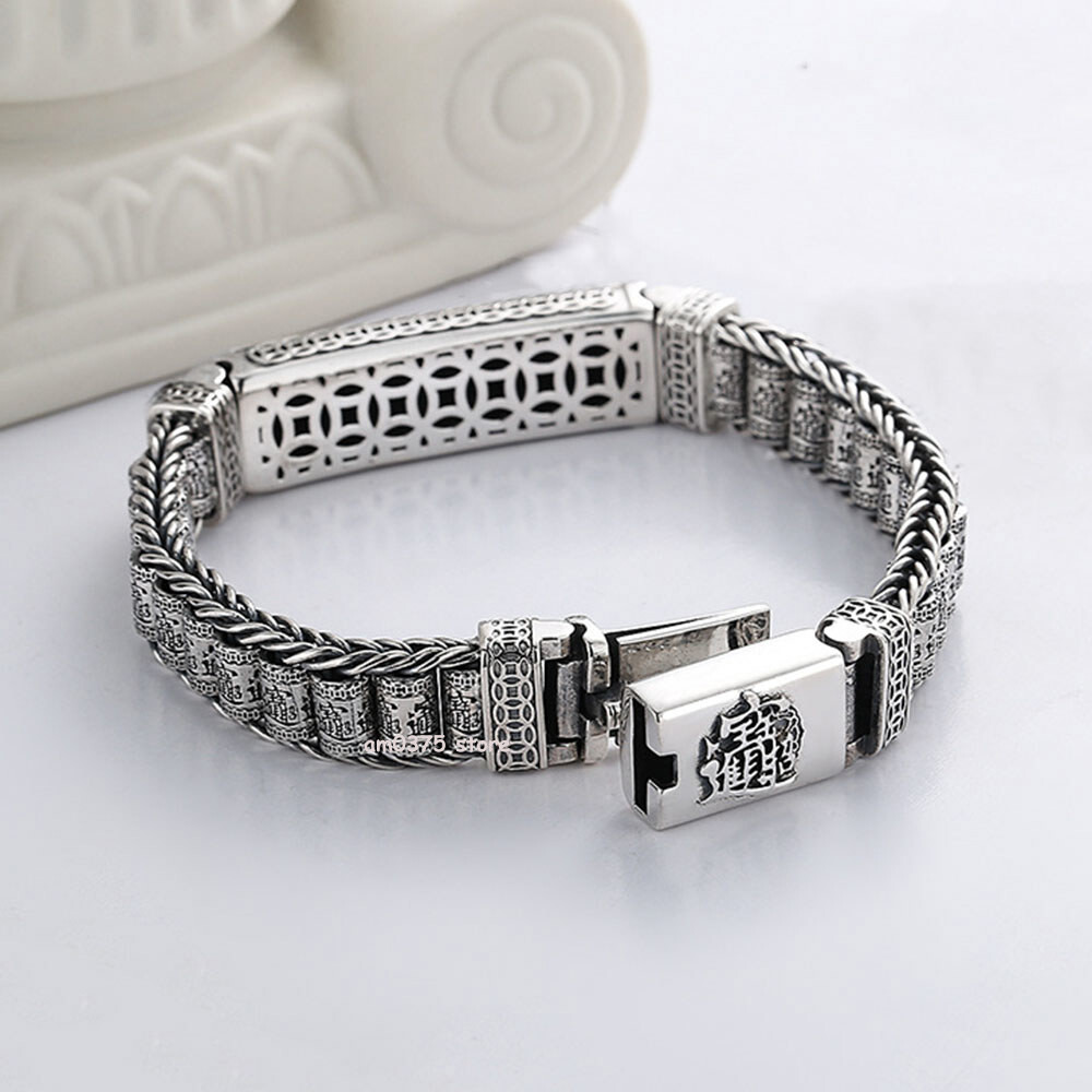 Real S925 Sterling Silver Women Man’s 12mm Prayer Wheel Dragon Pixiu Bracelet