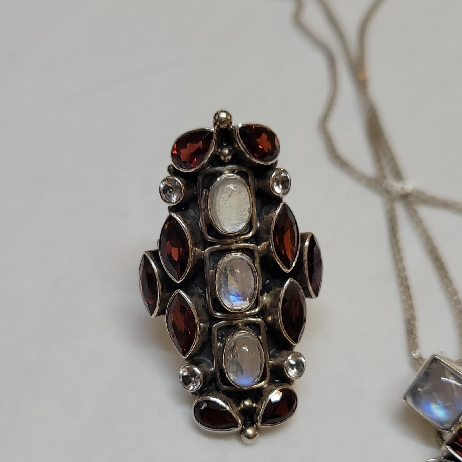 925 Sterling Silver Cross Pendant Necklace Garnet & Moonstone Box Chain Signed