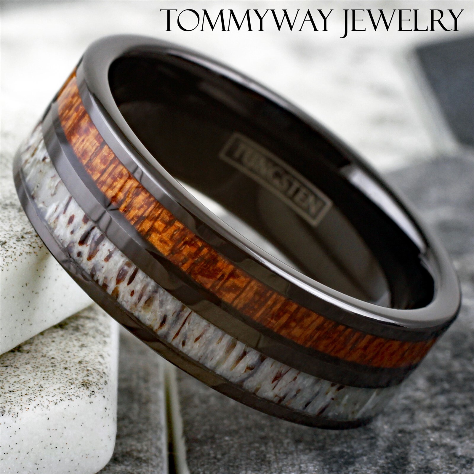 8mm Men’s Tungsten Carbide Ring Deer Antler and Koa Wood Black Wedding Band