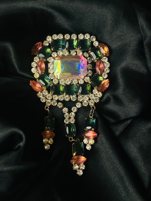 Vintage Bijoux MG Beautiful Czech Glass Rhinestone Brooch with Dangles