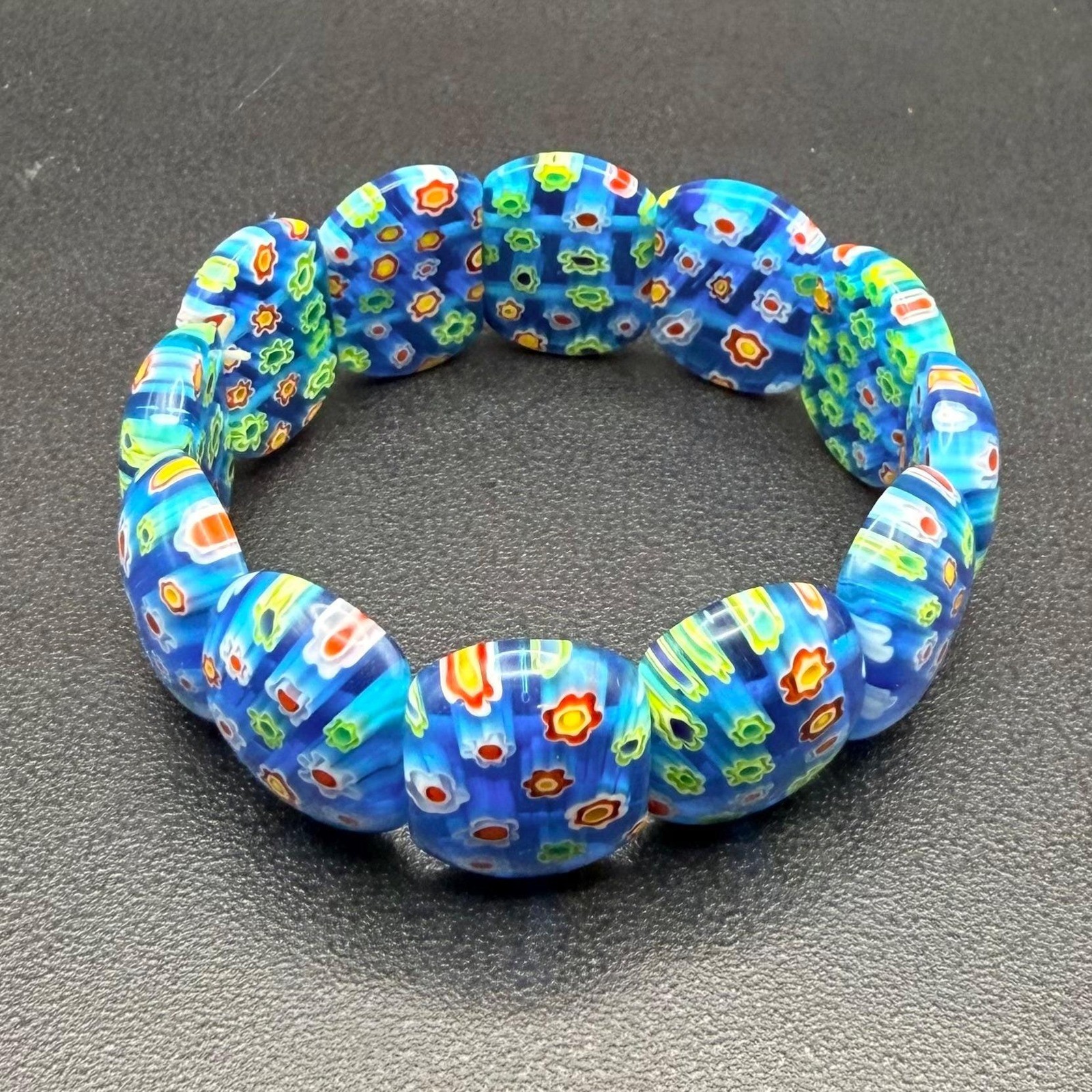 Millefiori Glass Stretch Bracelet Blue Floral Beads Vivid Colors 7″ Caned Glass