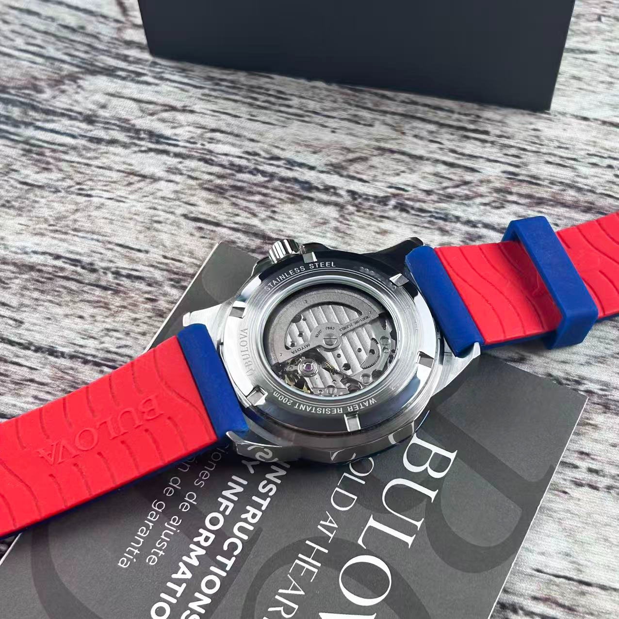 New Bulova Marine Star 98A225 Men’s Automatic Watch White Dial Blue Rubber Strap