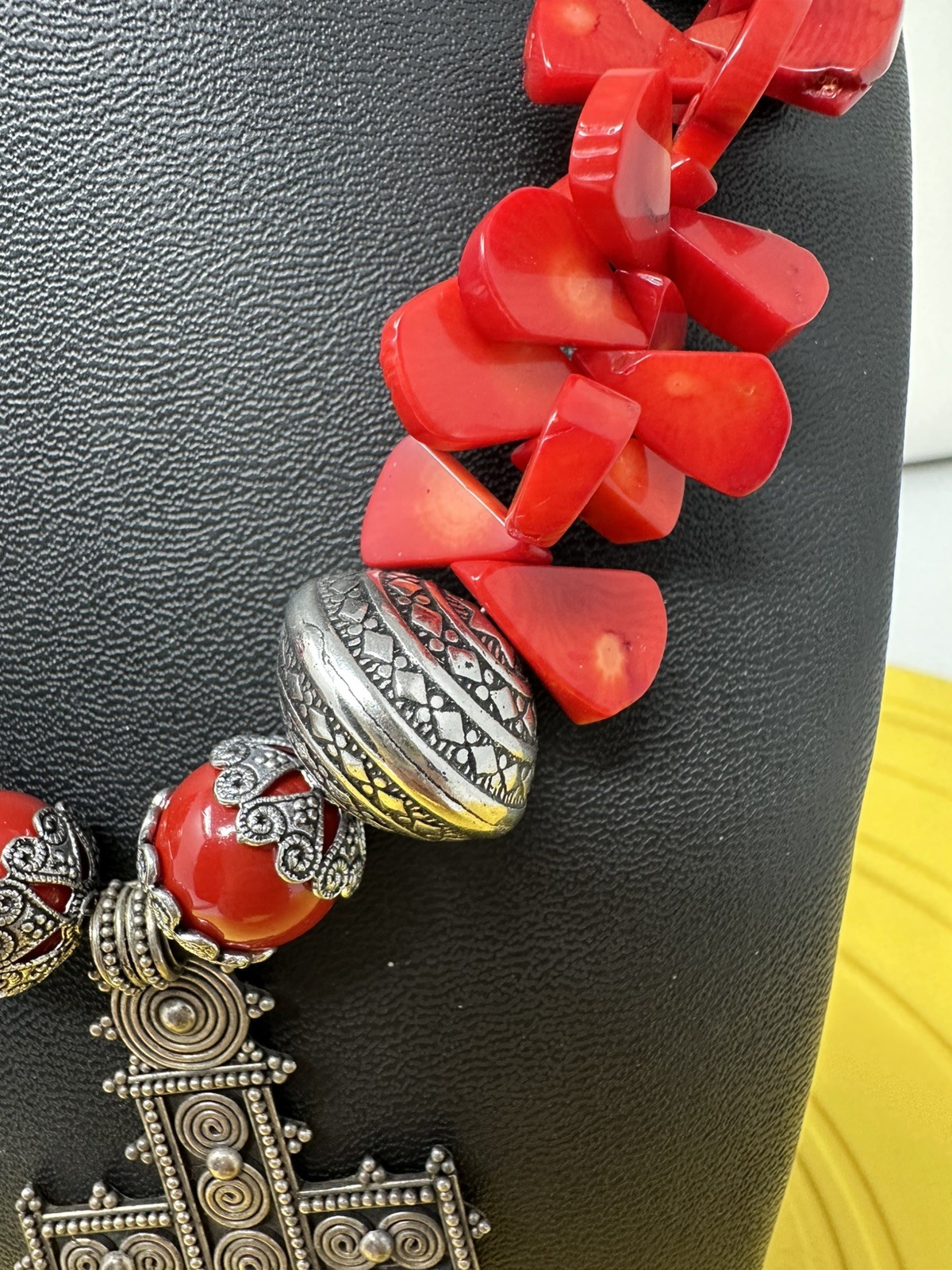 Sterling Silver Cross On A Red Coral Bead Necklace 114 Grams 17 Inch