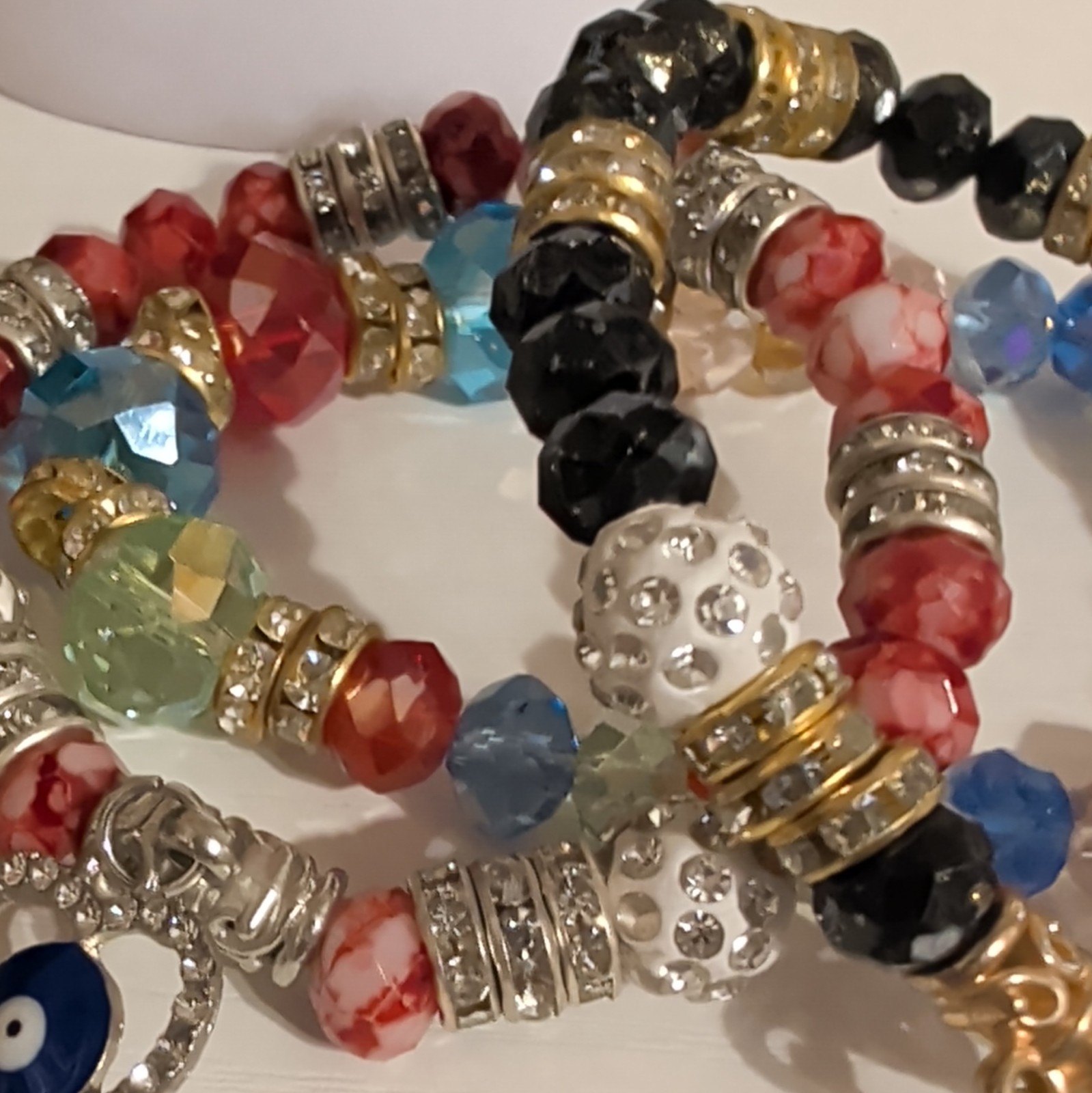 Beaded Stretch Stackable Bracelet Set Multicolor w/ Heart Evil Eye Dangle