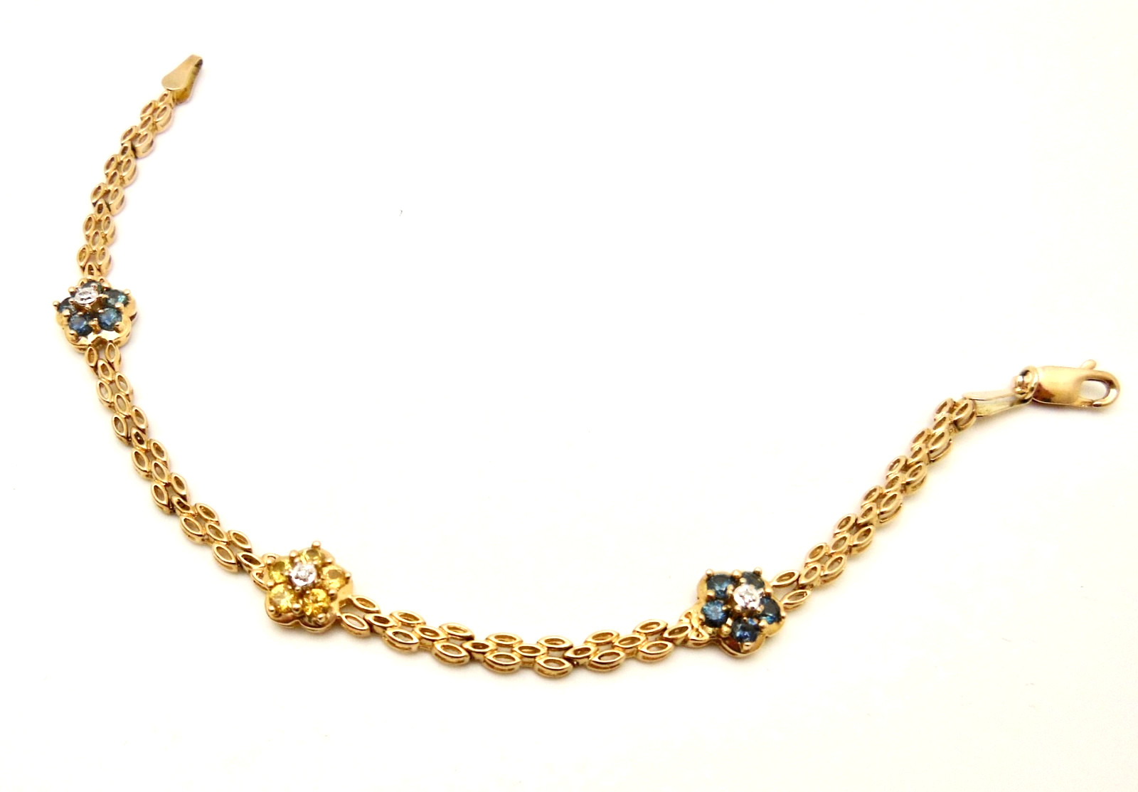 14K Blue and Yellow Gemstone Diamond Flower Link Tennis 7″ Bracelet 6g