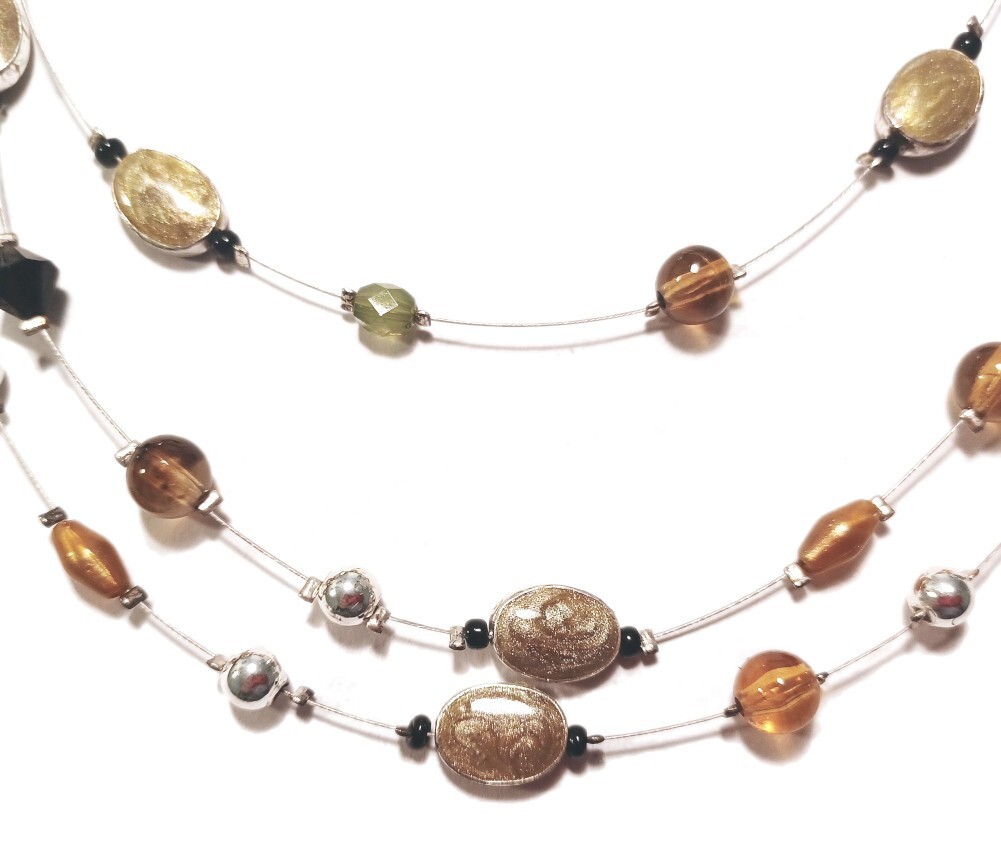 Brown Green Black Necklace Silver-Tone Wire Illusion Layered Lightweight 14”