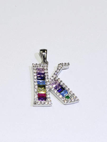 925 Sterling Silver Letter K Multicolor and White CZ initial Charm Pendant