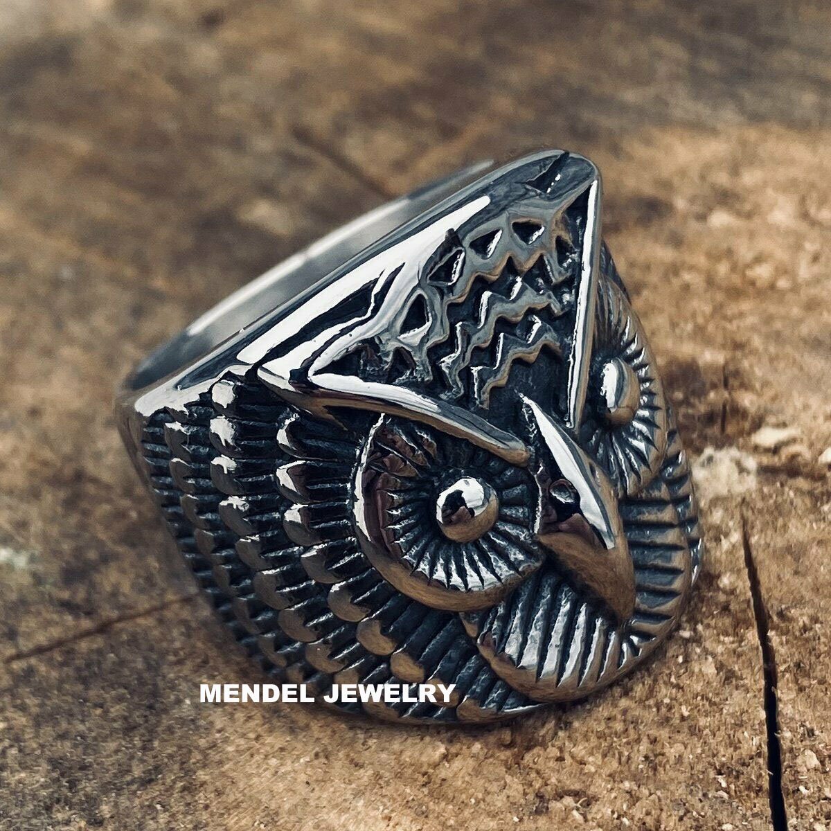 MENDEL Mens Stainless Steel Owl Bird Wide Band Ring For Men Jewelry Size 7-15