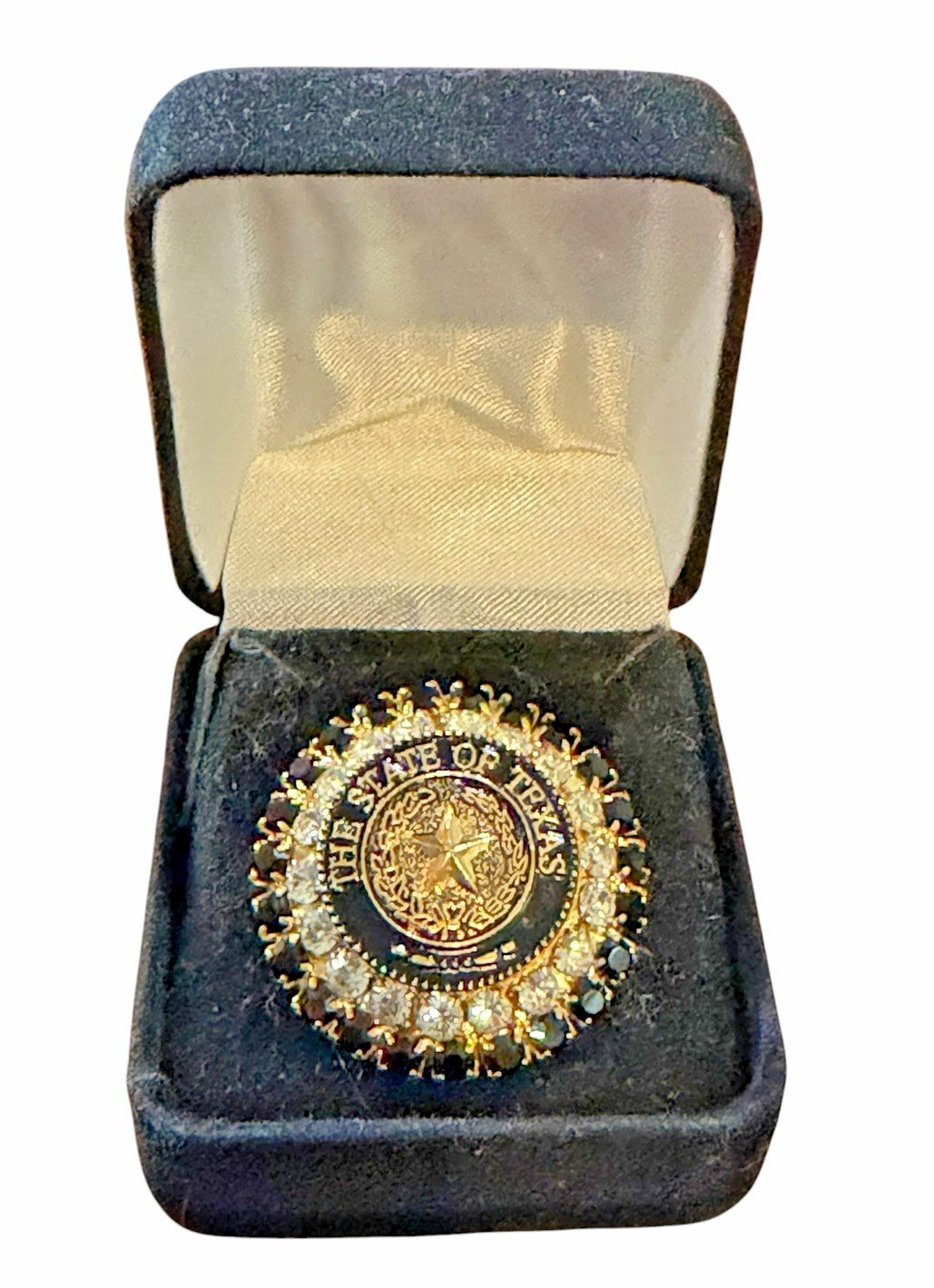 Vintage Gold Tone Rhinestone Seal of the State of Texas Brooch Pin in Box