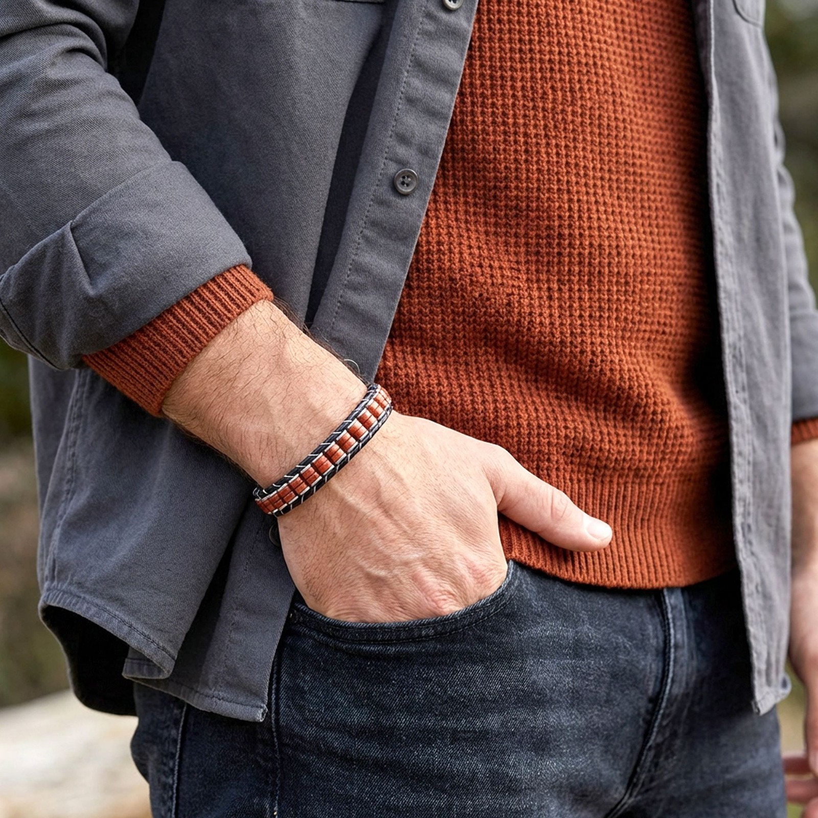 Red Jasper & Hematite Stainless Steel Braided Leather Bracelet