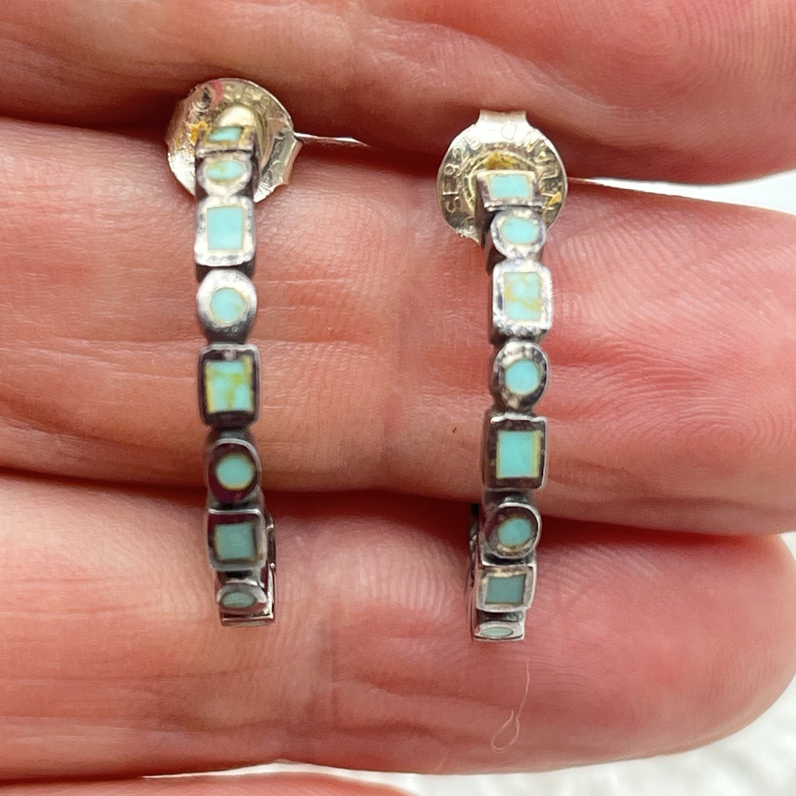 Vintage Sterling Silver Earrings Turquoise Inlay Half Hoops Stamped SE 925 1″