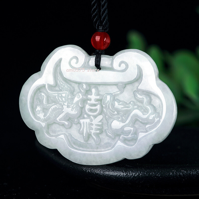 Natural Grade A Jadeite White Jade Dragon Phoenix Longevity Lock Pendant
