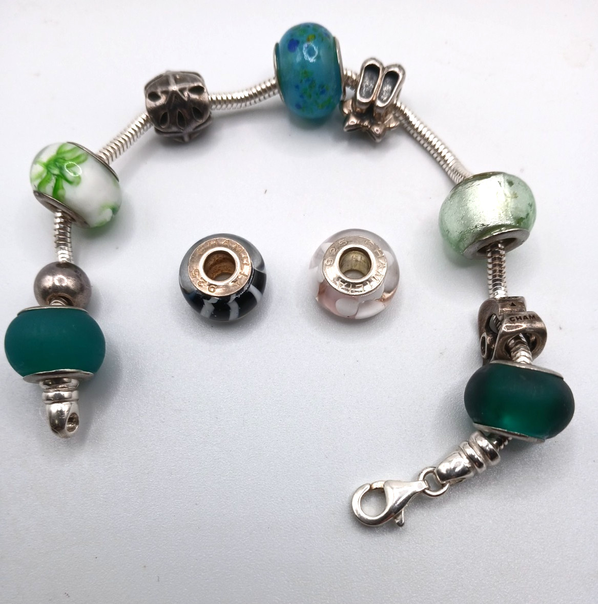 Chamilia Sterling Silver Charms (3) Charms (2) Beads Snake Chain Bracelet 925