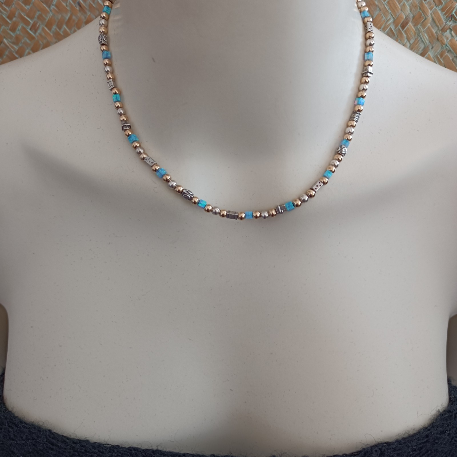 Israeli Modernist Necklace Sterling Silver Gold Filled Artisan Chic Blue Stone