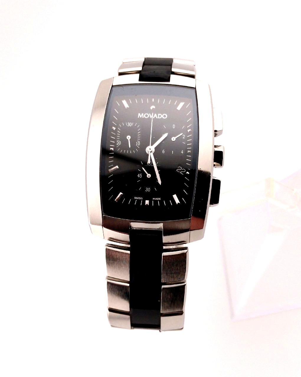Movado Mens Eliro Chrono SS W/Tonneau Barrel/Blk Dial/Ceramic Links:84.H1.1450.1
