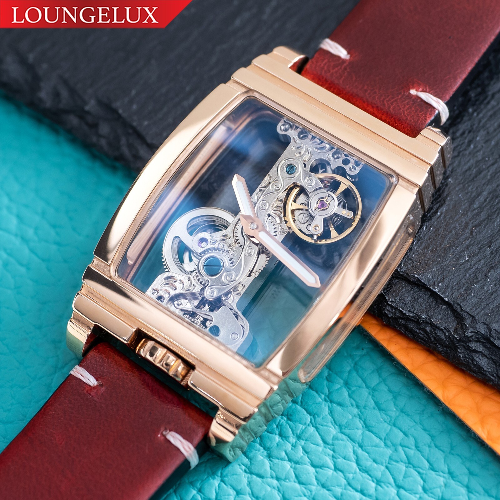 Mens Rose Gold Manual Mechanical Watch Dark Red Oil Waxed Vintage Leather Strap