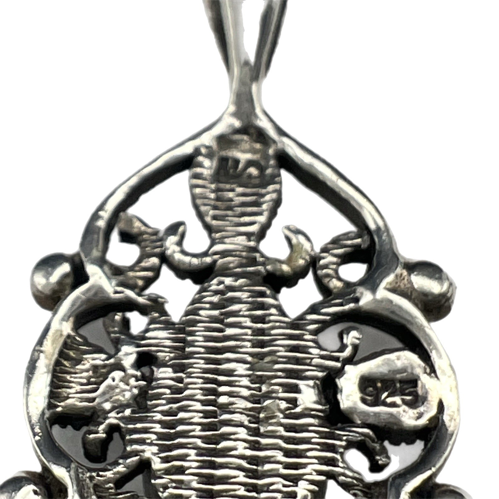 Mother of Pearl & Marcasite Filigree Pendant Necklace 925 Sterling Silver Chain