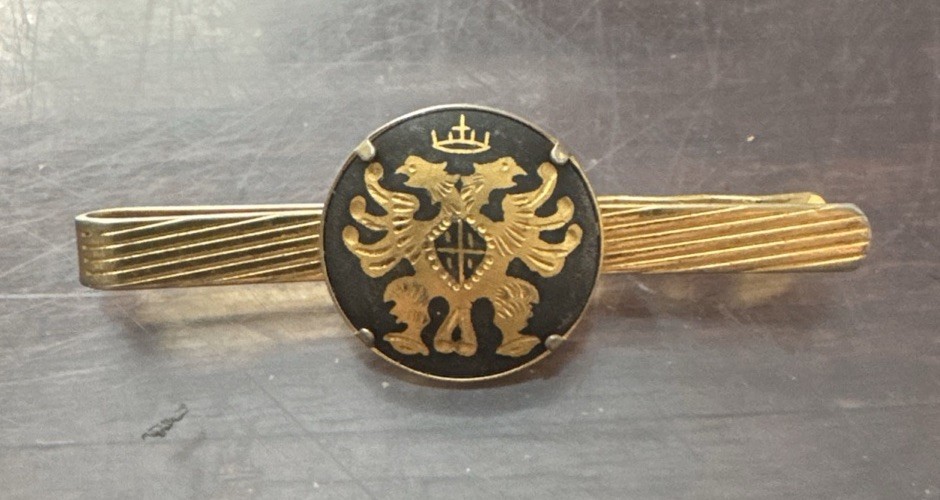 Vintage Tie Clip 2.5″ Gold Double-Headed Eagle with Crown and Crest Damascene
