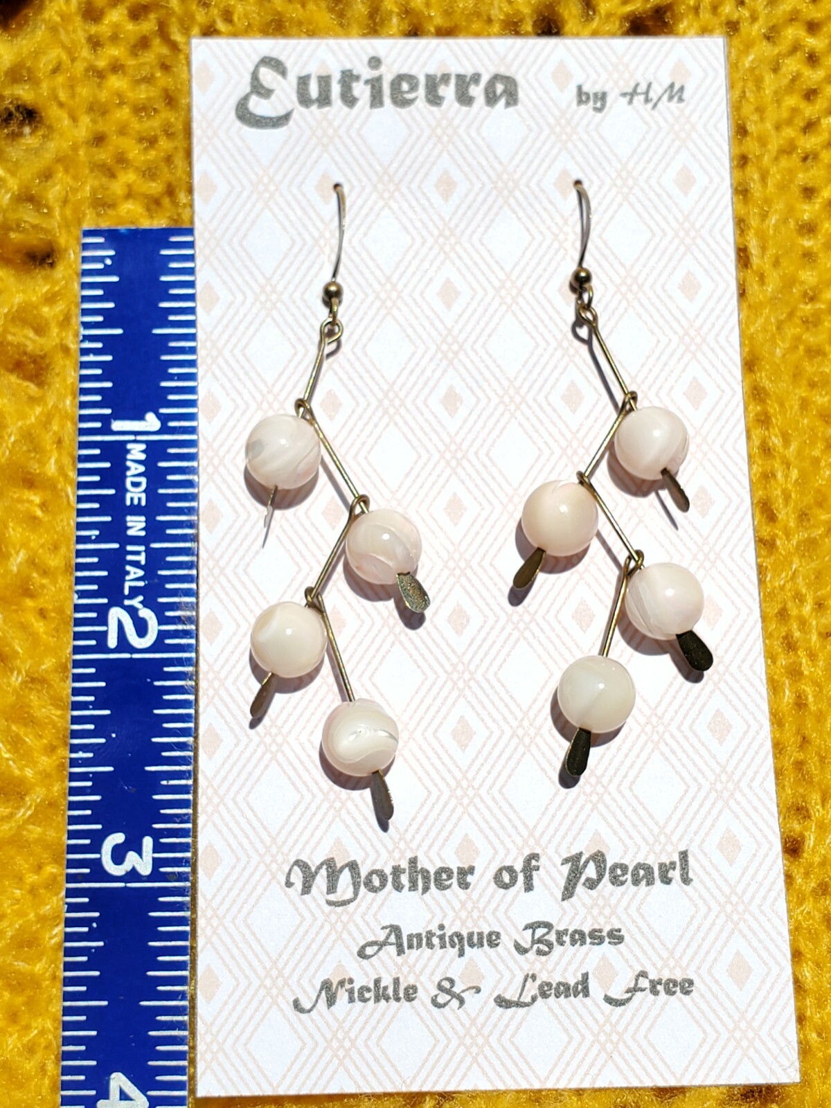 Eutierra Mother of Pearl Earrings are Hand Crafted In USA 2 1/2″ Soft Pink Brass