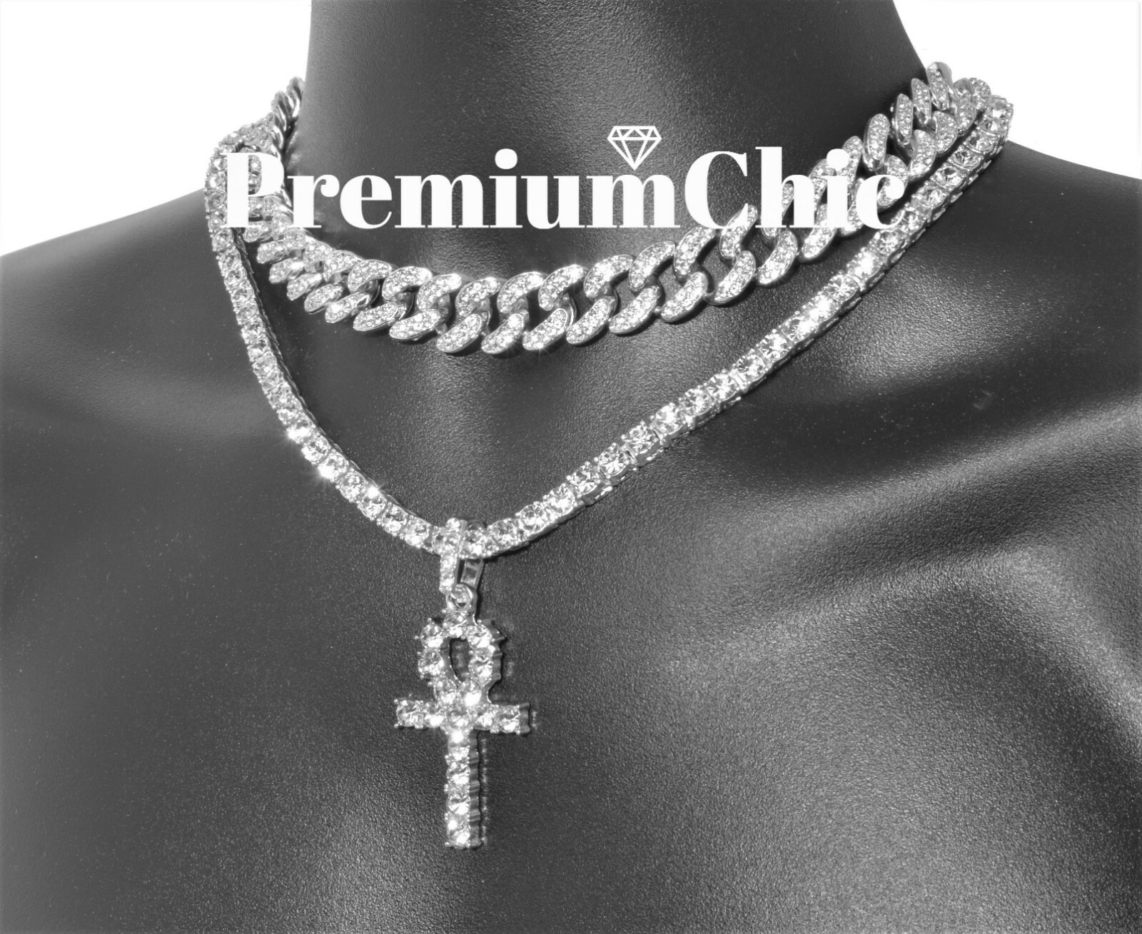 Gold Plated Men ANKH Pendant Tennis Necklace & Miami Cuban Choker CZ Jewelry SET