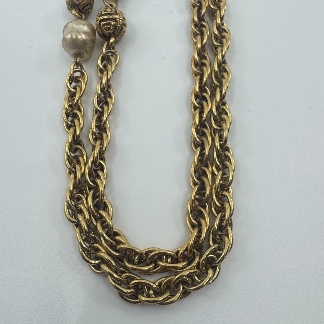 CHANEL LONG NECKLACE PEARL cc Double Gold 180cm Pendant Beauty engraved Auth