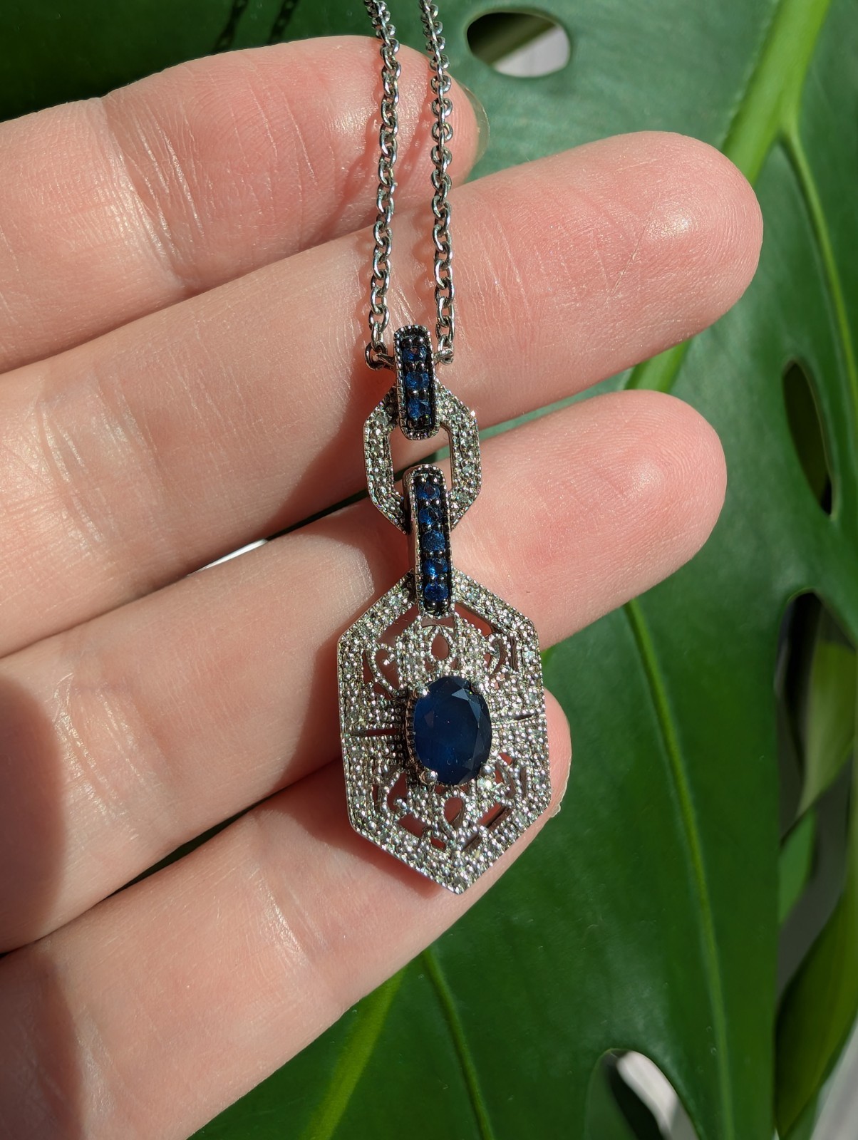 Silver And Sapphire Pendant With Unique Chain