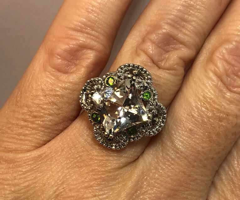 Sterling Silver White Topaz Chrome Diopside Multi Gemstone Modern Deco Ring 7