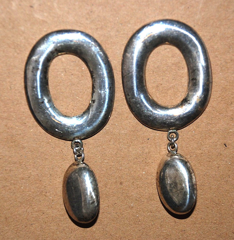 .925 Sterling Silver Modernist Oval Drop Dangle Earrings CT09 Mexico 1950s 3.25″