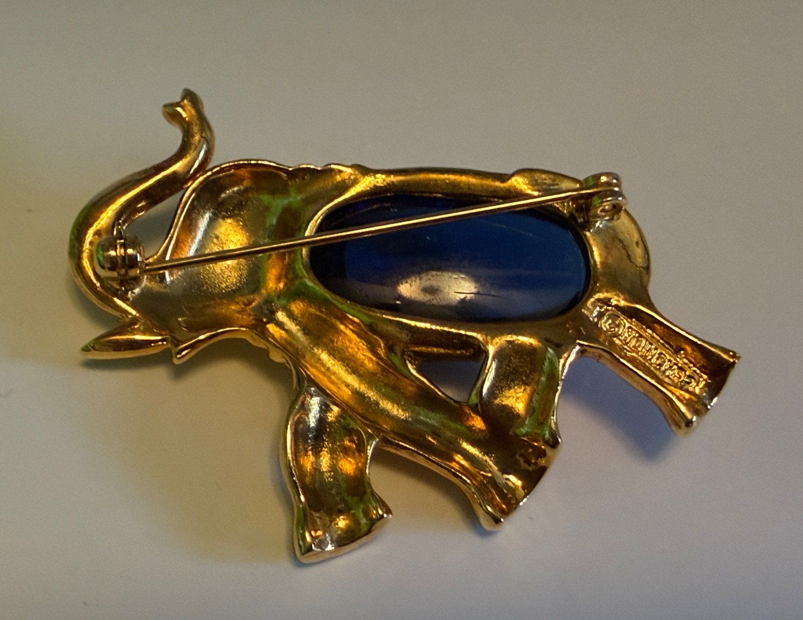 Signed Boucher Elephant Jelly Belly Brooch Blue W Clear Rhinestones Figural RARE