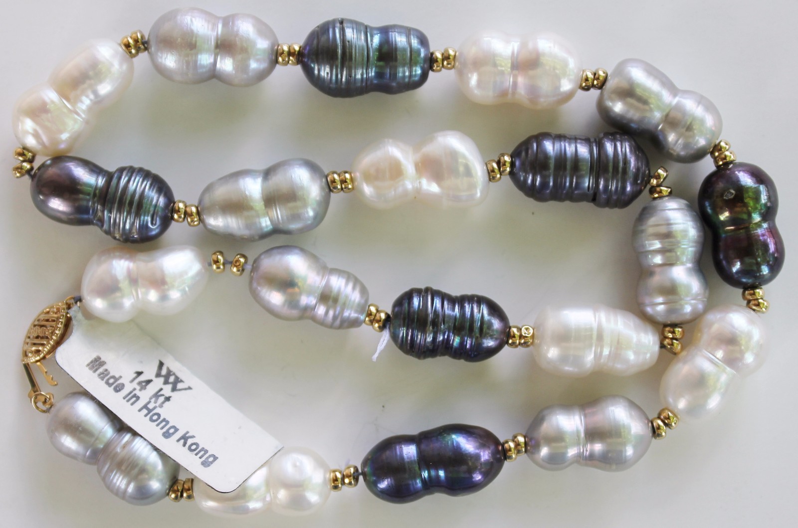 Huge 16 inch long ~ 11 x 18 mm Real Black Grey White Pearl Necklace ~ 14k Gold