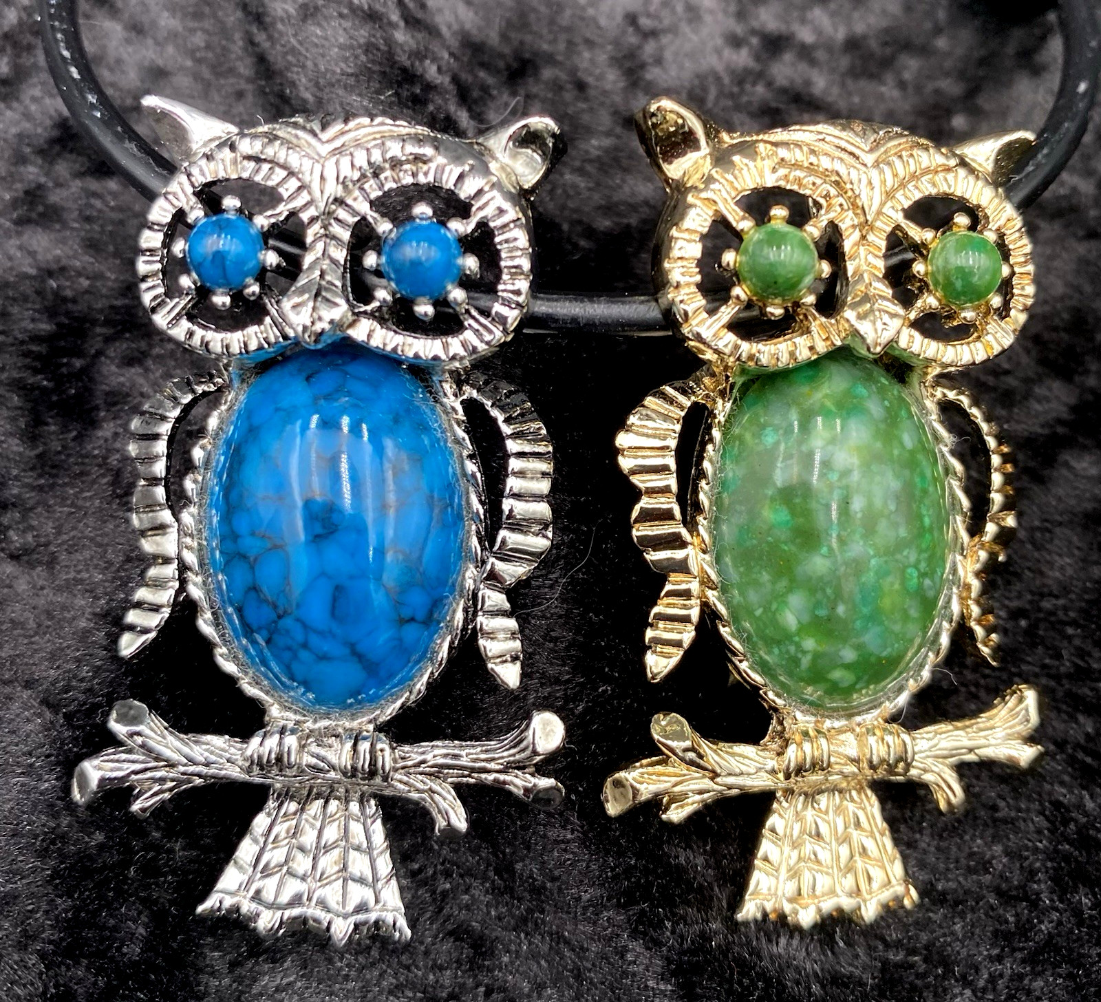 Pair – Vtg. Gerry’s Owls, Brooch/Pendant, Silver & Turquoise + Gold and Green