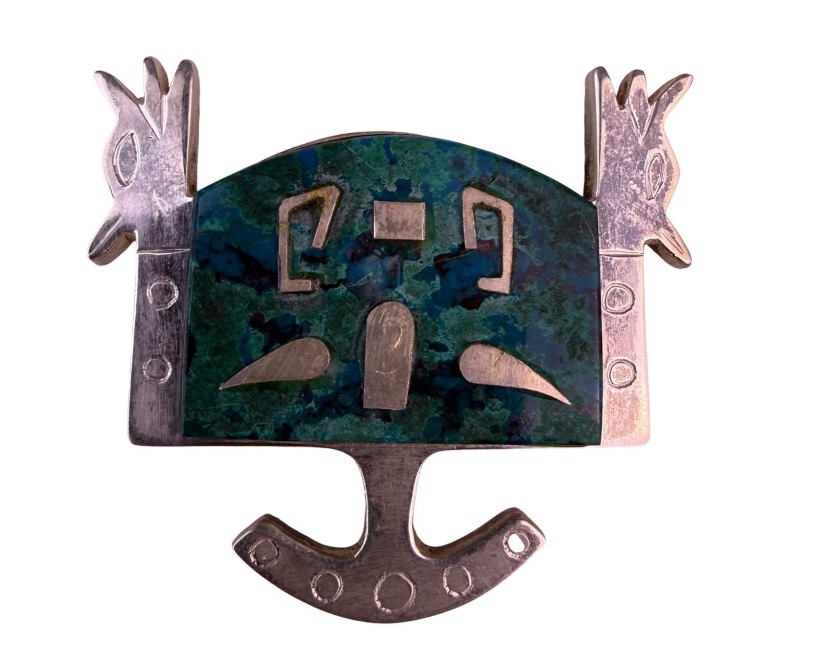 Industrial Peruvian Sterling Silver Brooch With Azurite Inlay 925 Stamped