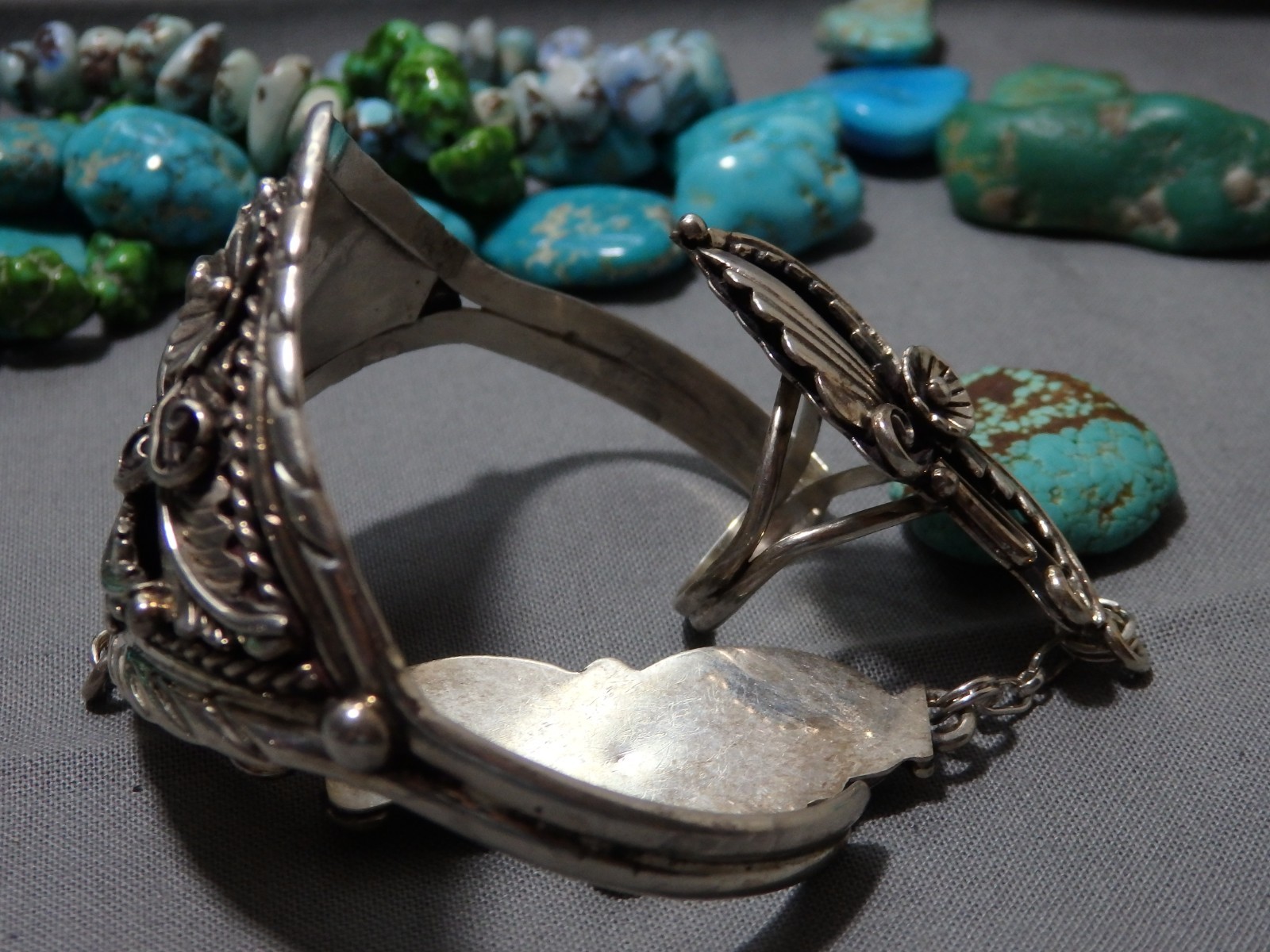 NAVAJO Jackson Sterling Silver SQUASH BLOSSOM Style 50g SLAVE BRACELET Ring sz9